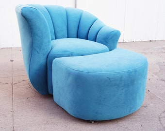 Turquoise Upholstered Curved Channel Back Chair and Ottoman