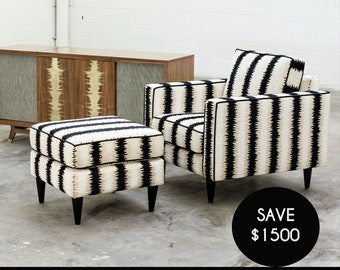 SALE!!!!! + Free Shipping  // Black and White Striped Ikat Soundwave Upholstered Lounge Chair // MVV & LUNO Collaboration