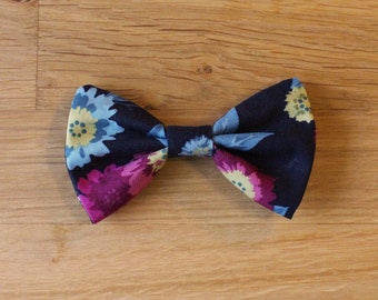 Cotton hair bow clip barrette • black purple blue floral yellow cute colourful retro