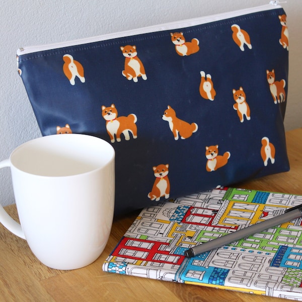 Oilcloth makeup toiletries waterproof pencil case knitting crochet sewing project bag cosmetics pouch • shiba inu dogs