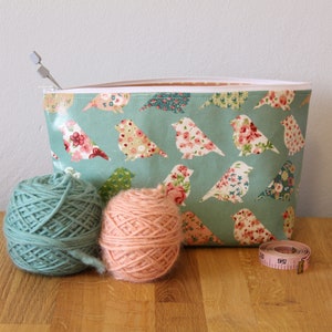 Oilcloth makeup toiletries waterproof pencil case knitting crochet sewing project bag cosmetics pouch • vintage teal birds patchwork
