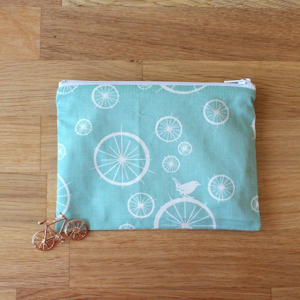 Small zippered cotton coin pouch purse toiletries cosmetics bag • teal white pinwheels