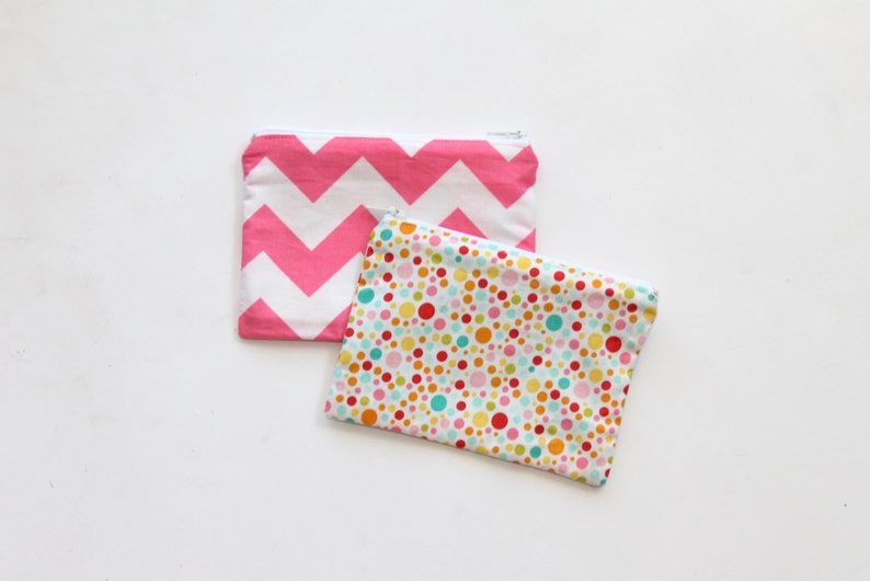 Small zippered cotton coin pouch purse \u2022 pink blue chevron polka dots birds