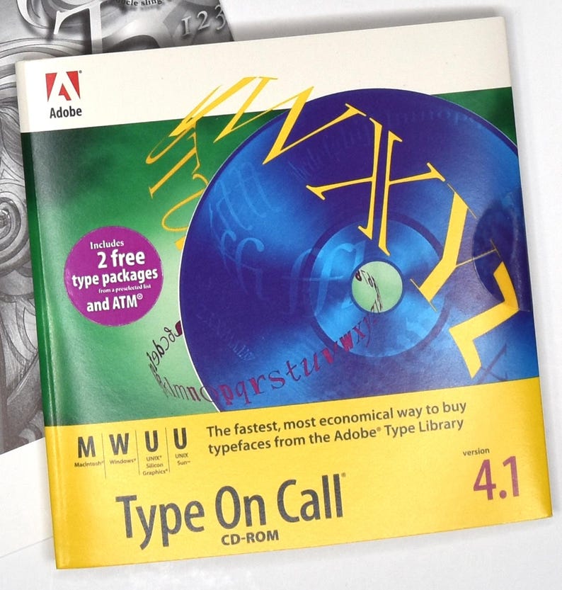 May include: Adobe Type On Call CD-ROM software package, version 4.1, with a blue and yellow disc and the text "Includes 2 free type packages and ATM&reg;" on the cover.