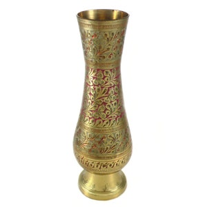 Vintage Brass Etched Colored Pedestal Vase with Leaf / Floral Design 9 Inches Tall
