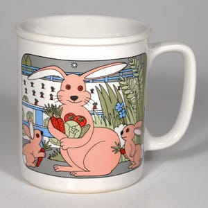 Vintage Ceramic Coffee Cup, Mug with Cute Rabbits in a Garden