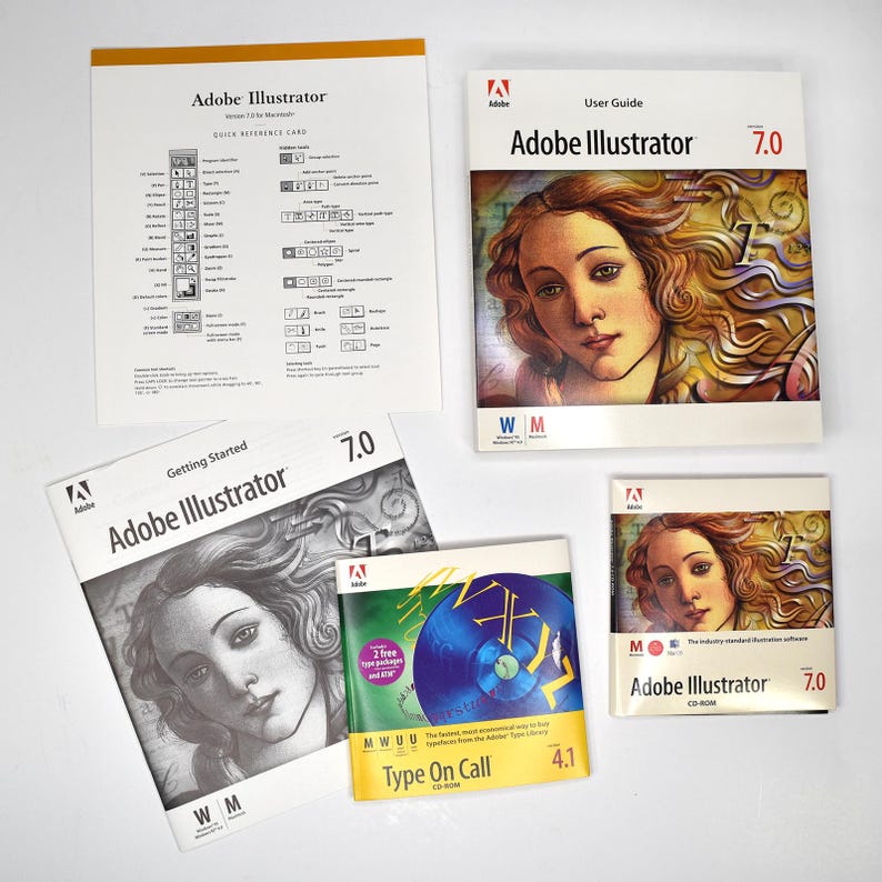 May include: Adobe Illustrator software package, version 7.0, with a user guide, getting started guide, and CD-ROM. The packaging features a woman's face with a golden background.