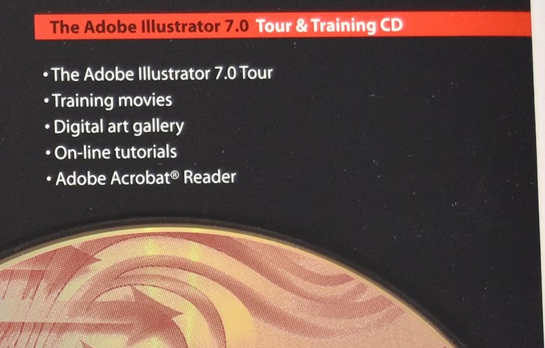 May include: A black CD case with a red and white design. The text on the case reads "The Adobe Illustrator 7.0 Tour & Training CD". The case lists the following features: "The Adobe Illustrator 7.0 Tour", "Training movies", "Digital art gallery", "On-line tutorials", and "Adobe Acrobat&reg; Reader".