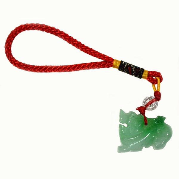 Vintage Jade Foo Dog / Chinese Lion / Lion of Buddha Good Luck Charm with Braided Red String, Clear Bead and Beautiful Bag