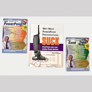 May include: Three educational software packages are displayed. The titles are "PowerPoint" and "Excel" with a book titled "Why Most PowerPoint Presentations Suck". The PowerPoint and Excel packages are in DVD cases with a man on the cover.