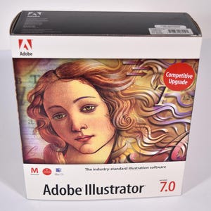 May include: Boxed software for Adobe Illustrator version 7.0, a competitive upgrade for Mac and Windows. The box features a colorful illustration of a woman's face.