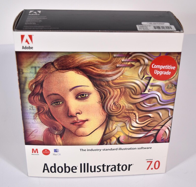 May include: Boxed software for Adobe Illustrator version 7.0, a competitive upgrade for Mac and Windows. The box features a colorful illustration of a woman's face.