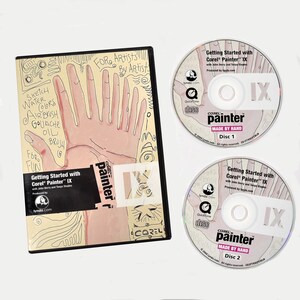 May include: Two DVDs with a Corel Painter IX logo and the text "Getting Started with Corel Painter IX" on the front. The DVDs are labeled "Disc 1" and "Disc 2".