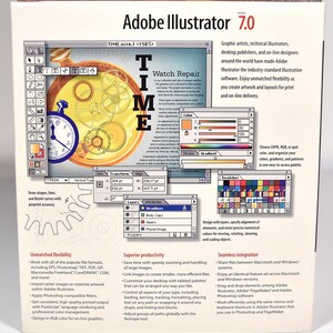 May include: Adobe Illustrator 7.0 software box cover with a colorful image of a clock face and the text "TIME" in large letters. The box features a description of the software's features, including unmatched flexibility, superior productivity, and seamless integration.