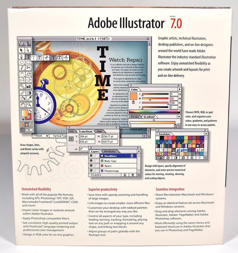 May include: Adobe Illustrator 7.0 software box cover with a colorful image of a clock face and the text "TIME" in large letters. The box features a description of the software's features, including unmatched flexibility, superior productivity, and seamless integration.