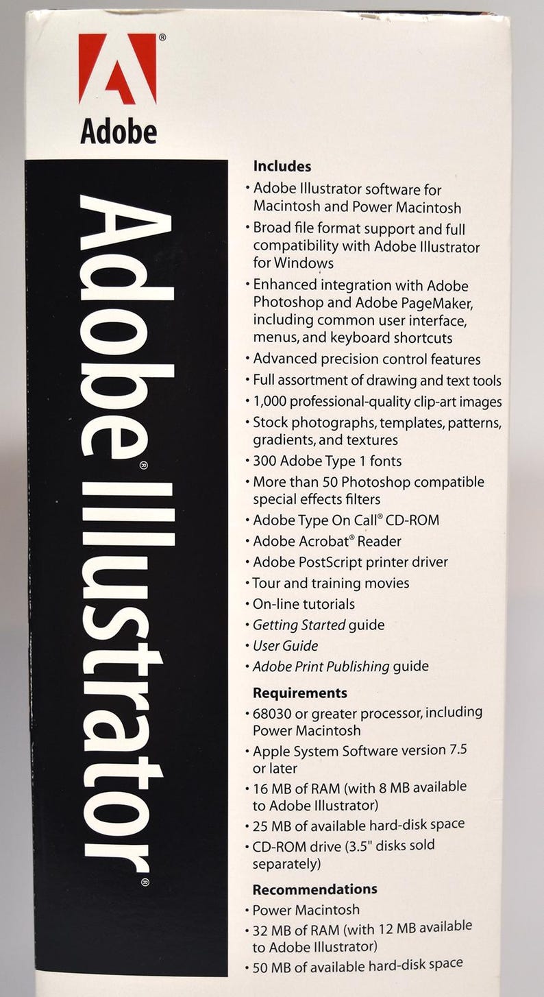 May include: Adobe Illustrator software box for Macintosh and Power Macintosh computers. Includes 1,000 professional-quality clip-art images, 300 Adobe Type 1 fonts, and more than 50 Photoshop compatible special effects filters. Requires 16 MB of RAM (with 8 MB available to Adobe Illustrator) and 25 MB of available hard-disk space.  Recommendations: 32 MB of RAM (with 12 MB available to Adobe Illustrator) and 50 MB of available hard-disk space.