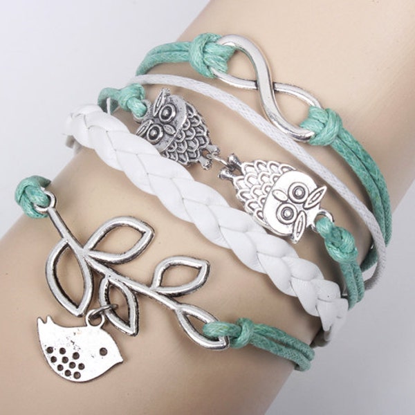 Owl Bracelet, Bird Bracelet, Number Bracelet, Blue and White Bracelet, Leather Bracelet with Charm, Retro and Fashio, With Craft Gift Box