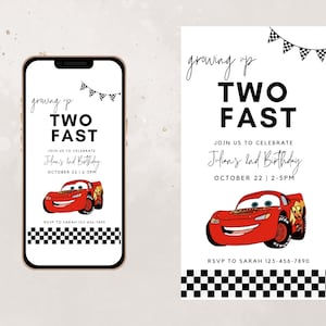 Cars Birthday Party Invite | Second Birthday Party Invitation | Two Fast | Lightning McQueen Birthday | 2
