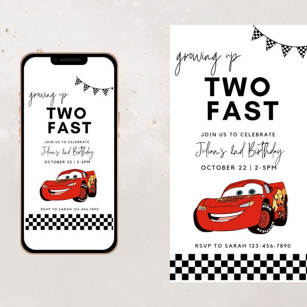 Cars Birthday Party Invite | Second Birthday Party Invitation | Two Fast | Lightning McQueen Birthday | 2