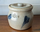 Rowe Pottery Crock with Lid, 4 quot Tall, Cobalt Flower Petals, Salt Glazed Gray, Vintage 1988, Handmade Canister Jar