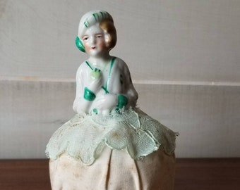 Half Doll Lady Pin Cushion, 1930's Green Print Sweater & Hat Outfit, Porcelain, Japan, Vintage, Antique