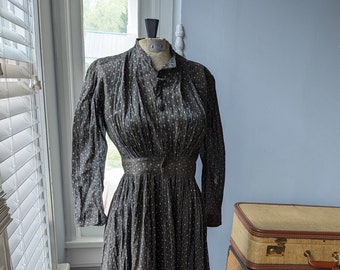 Early 1900's Women's Black Print Dress, Handmade, Antique Ladies Garment, Edwardian Era