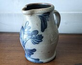 Rowe Pottery 5 quot Creamer, Cobalt Flower, Salt Glazed Gray, Vintage 1988, Impressed Rooster, Decorator Mark, Potter Craig Kitzman