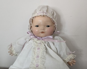 Antique Composition & Cloth Baby Doll, 14&quot; Tall, Handmade Christening Gown, Century Doll Co. Blue Tin Sleep Eyes, Sweet Mama Doll