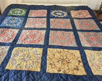 Primitive Double Star Quilt, Handmade Quilted Blanket, Some Damage, Hand Sewn, Hand Quilted