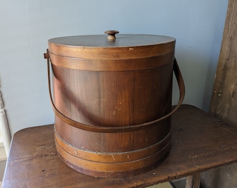 Large 14" Firkin with Lid, Bentwood Handle, Nice Vintage Wood Sugar or Flour Bucket, Colonial Decor