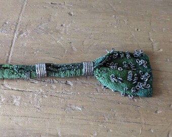 Victorian Beaded Purse, Green "Canoe" Wrist Bag, Antique Unusual Wristlet