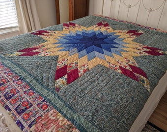 Colorful Lone Star Quilt, Vintage Quilted Blanket Bedspread
