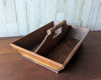 Antique Colonial Cutlery Carrier Tray, Handmade Wood Handled Divided Utensil Flatware Box