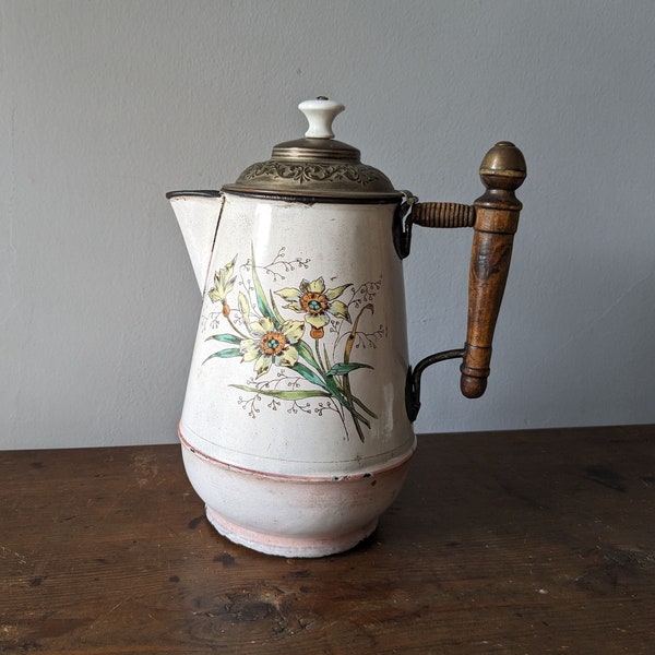 Enamelware Flowered Coffeepot, Wood Handle, Lovely French Antique Coffee Tea Pot