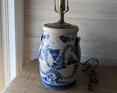 Rowe Pottery Lamp 1 1 2 quot Gallon Cobalt Blue Leaf Vines, Salt Glazed Gray, Vintage 1990