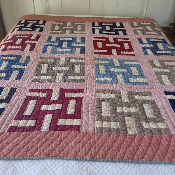Primitive Farmhouse Quilt, Antique Quilted Blanket Bed Cover, Unusual Pattern
