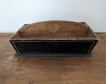 Primitive Black Cutlery Tray, Vintage Wood Carrier Handled Box, Old Paint, Handmade