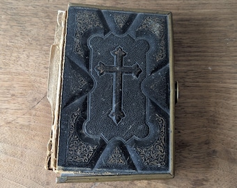 1865 Catholic's Vade Mecum, Brass Clasp Leather Cross Cover Prayer Manual, Damaged