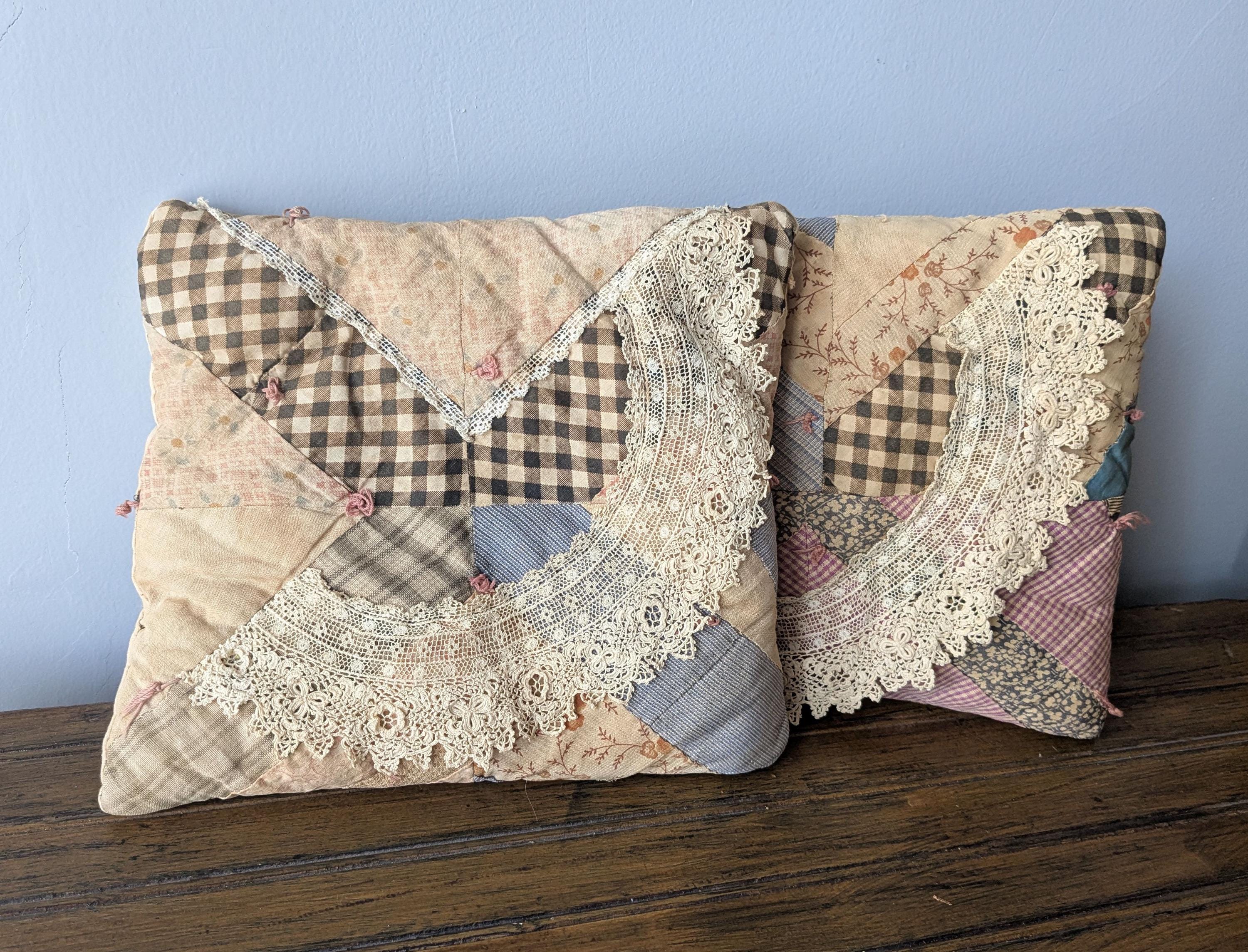 Two Antique Quilted Pillows, Handmade Bed Sofa Chaise Pillows