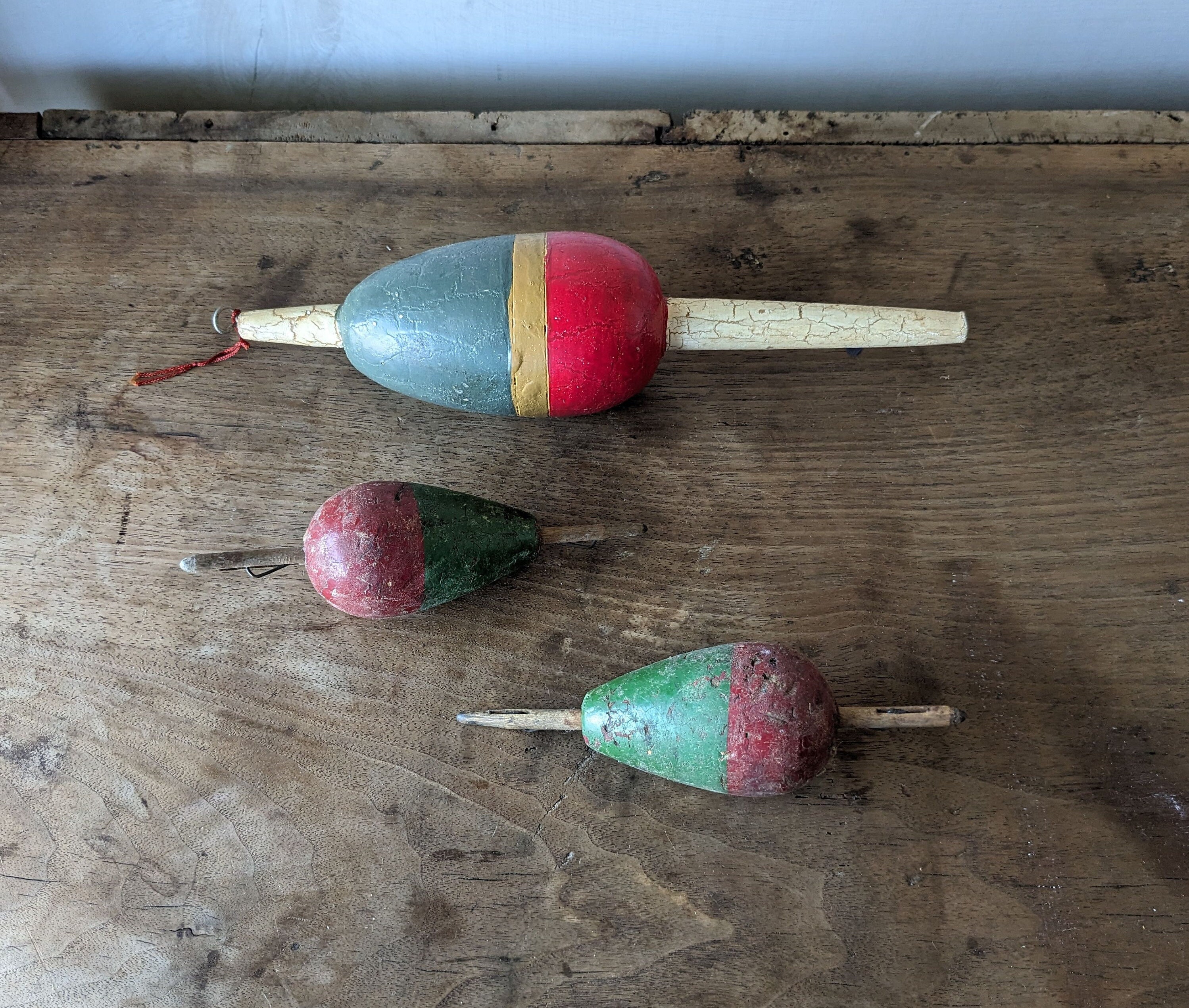 Three Colorful Old Fishing Floats, Wood Antique Painted Bobbers