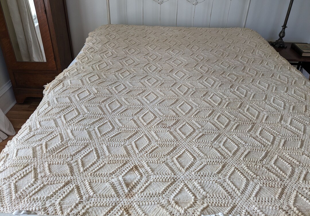 Handmade Crocheted Coverlet, Heavy Ivory Not-quite-finished Bedspread ...