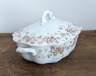 J.H.W. & Sons Floral Transferware Casserole Dish, Brown and White Ironstone Oval Covered Tureen, English Vegetable Bowl, Antique