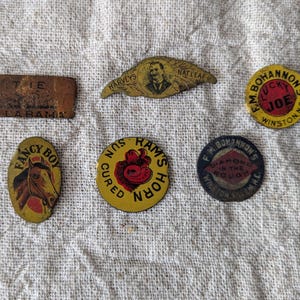 Six Antique Tobacco Tin Tags, Harvey's Leaf, Fancy Boy Horse, Lucky Joe, Ram's Horn Sun Cured, Diamond Rough, North Carolina Collectibles