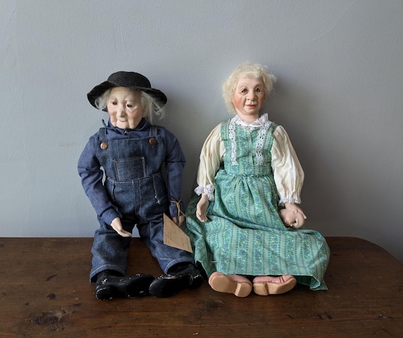 Sweet Grandma & Grandpa Handmade Dolls, Farmer and Doll