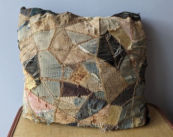 Shabby 1935 Crazy Quilt Pillow, Antique Handmade