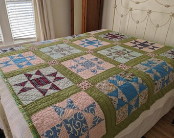 Vintage Eight Point Star Quilt, Colorful Quilted Blanket, Hand Quilted Bed Cover Bedspread