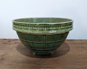Antique Green McCoy Stoneware Large Mixing Bowl, #9 Windowpane Pattern Yellowware, 9.5" Across, Good Condition