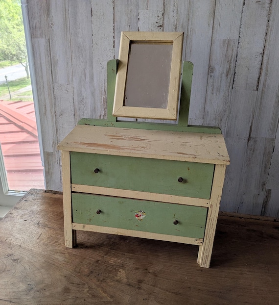 Primitive Little Green & Ivory Doll Size Dresser with Mirror, Vintage Wood Toy Furniture Display