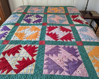 Vintage Handmade Quilt, Bear Paw Variation, Hand Sewn and Hand Quilted Blanket, 1950's Bed Cover