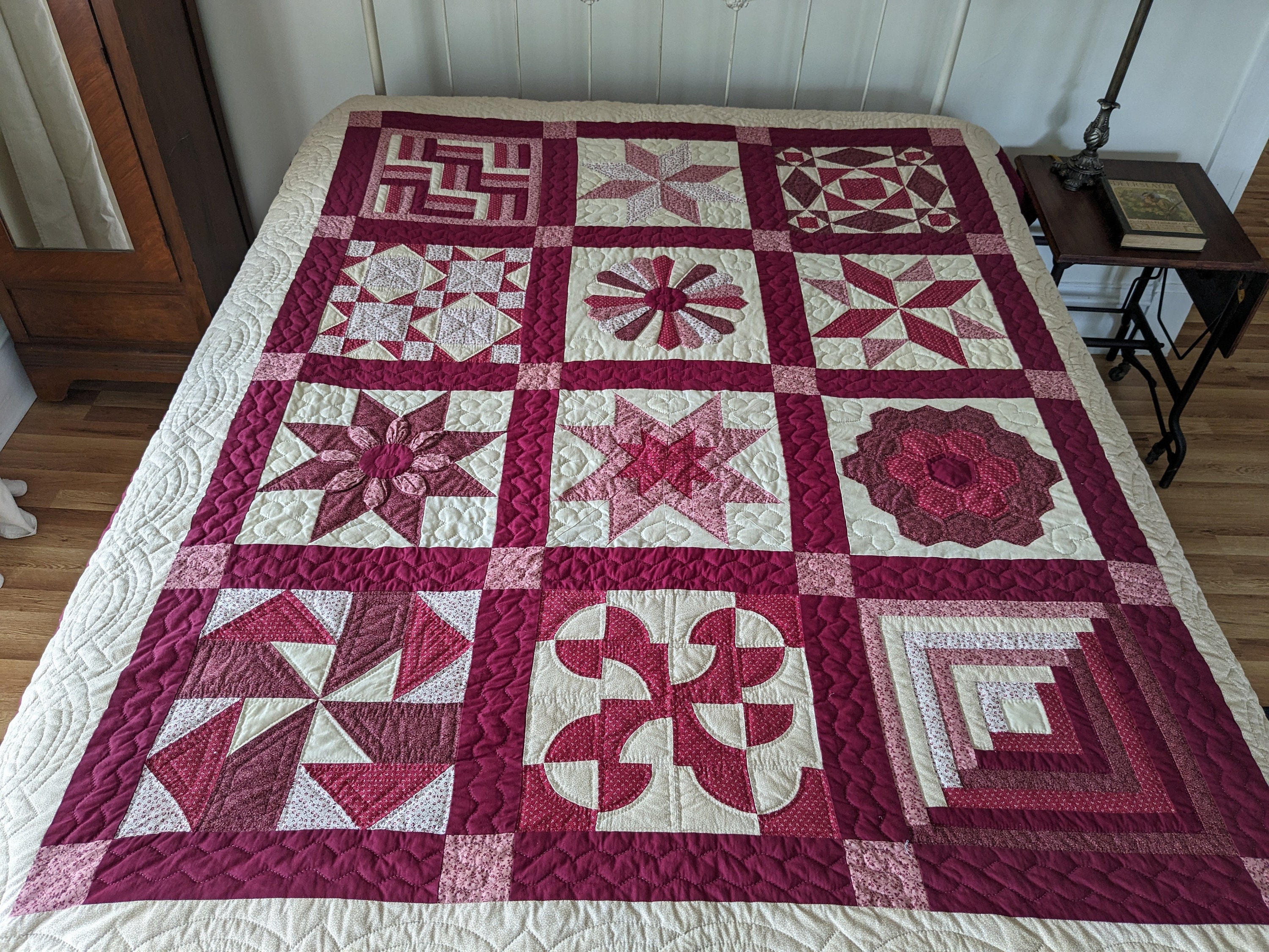 Beautiful Handmade Quilt, Civil War Sampler, Twelve Pattern Blocks, Burgundy & Ivory Vintage Quilted Blanket, Log Cabin, Stars, Pinwheel